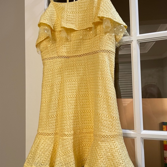 HP🌸🌼 J.O.A. | Lace Detail Ruffle Hem Dress. XS. Yellow. Multi Textured Lace. - Picture 8 of 12